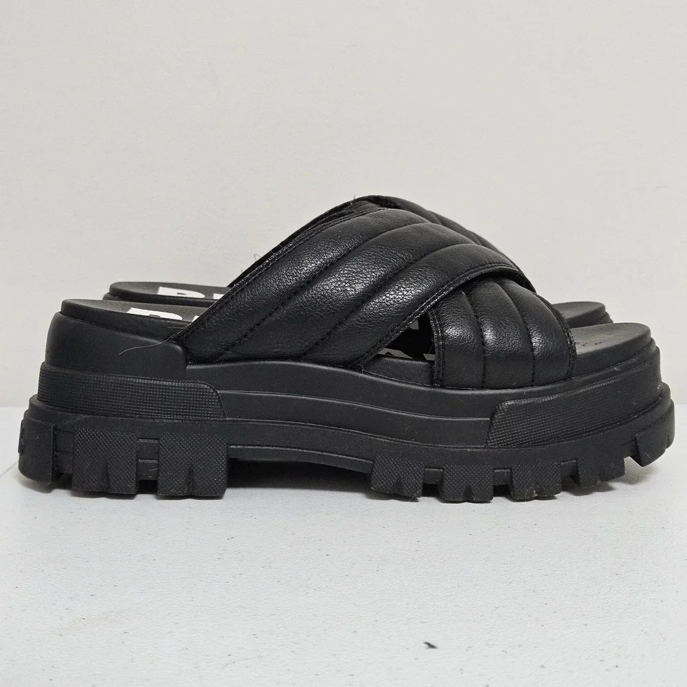 Buffalo Platform Slides Womens‎ 40 Black Quilted Crisscross Lug Sole Sandals